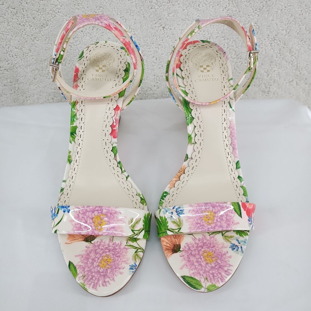 Vince Camuto Sandals Womens 9M Floral Wedge Ankle Strap White Multicolor Heels
